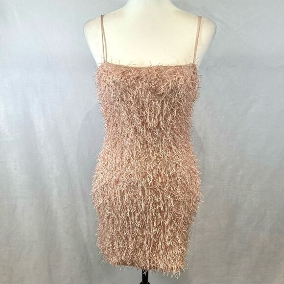 Pink fuzzy eyelash fringe sparkling cami mini dress size small - Picture 4 of 9